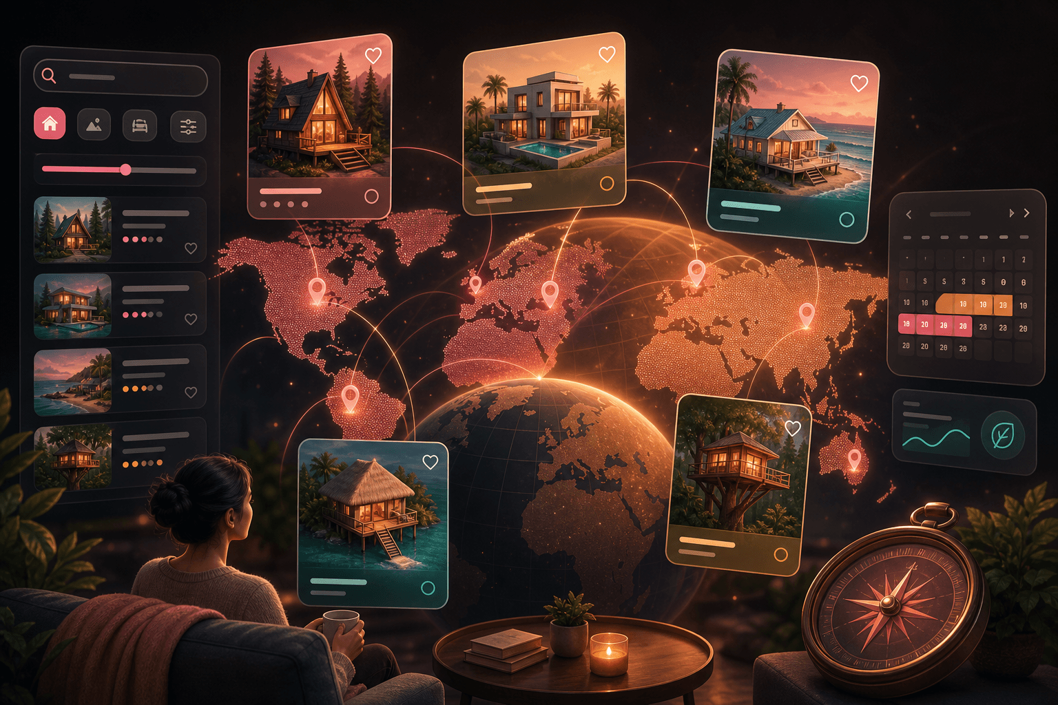 World map with home listings, search filters, and a calendar representing Airbnb Flexible Dates