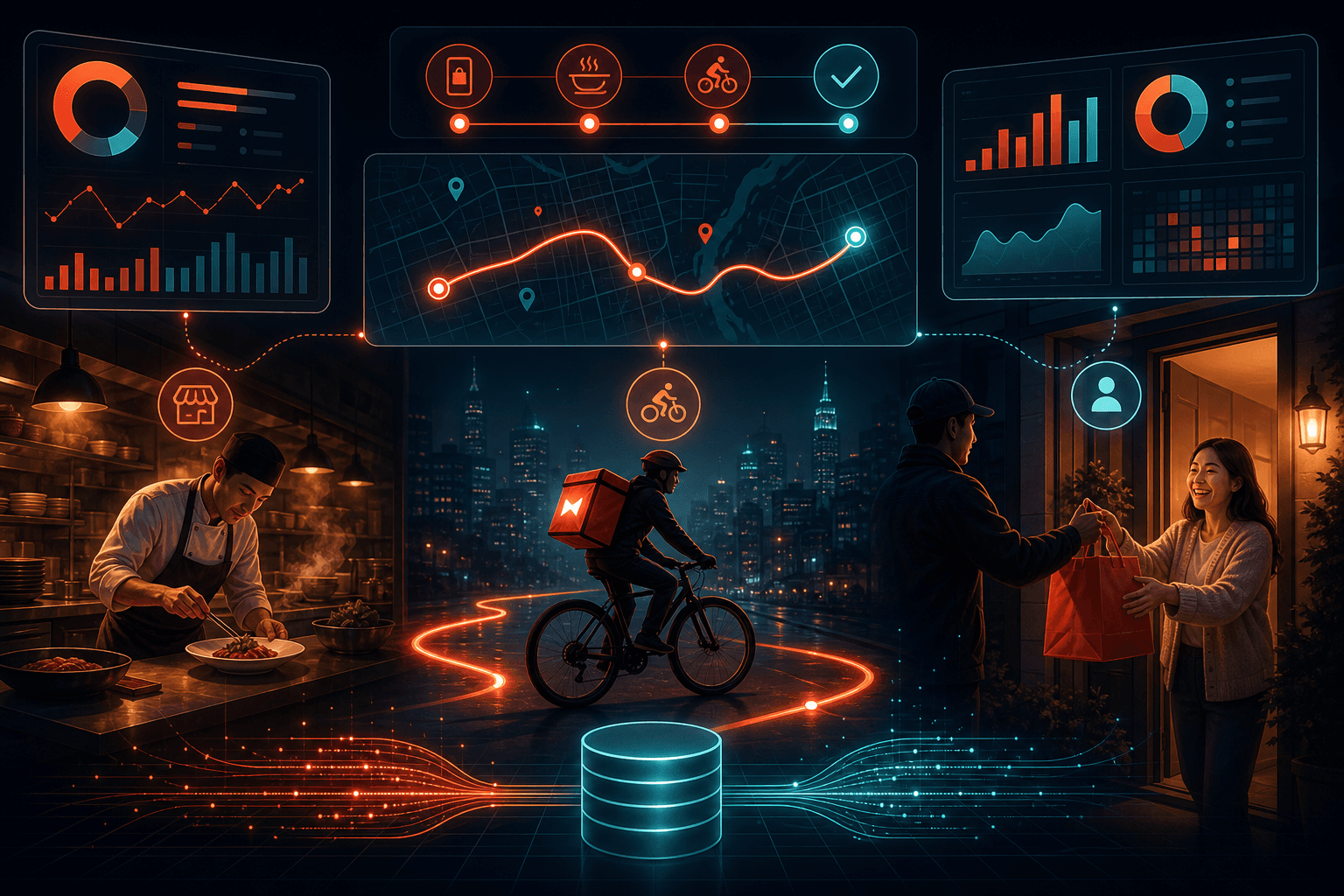 Restaurant kitchen, courier on a bike, and customer at a doorstep with delivery analytics overlays