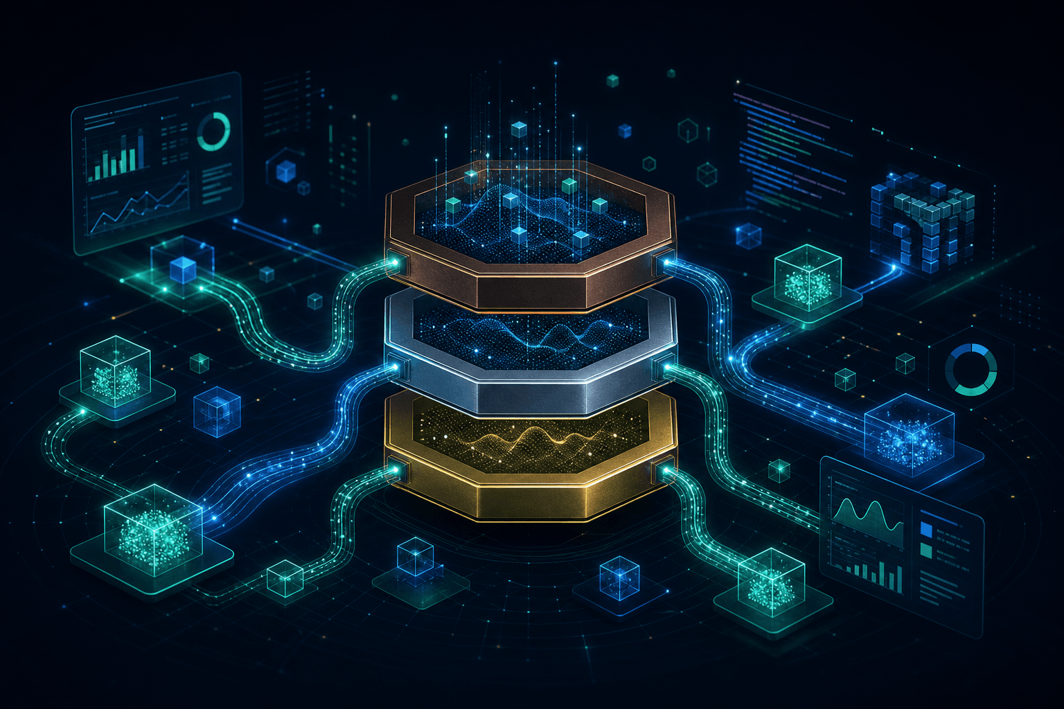 Abstract bronze, silver, gold lakehouse with glowing data pipelines