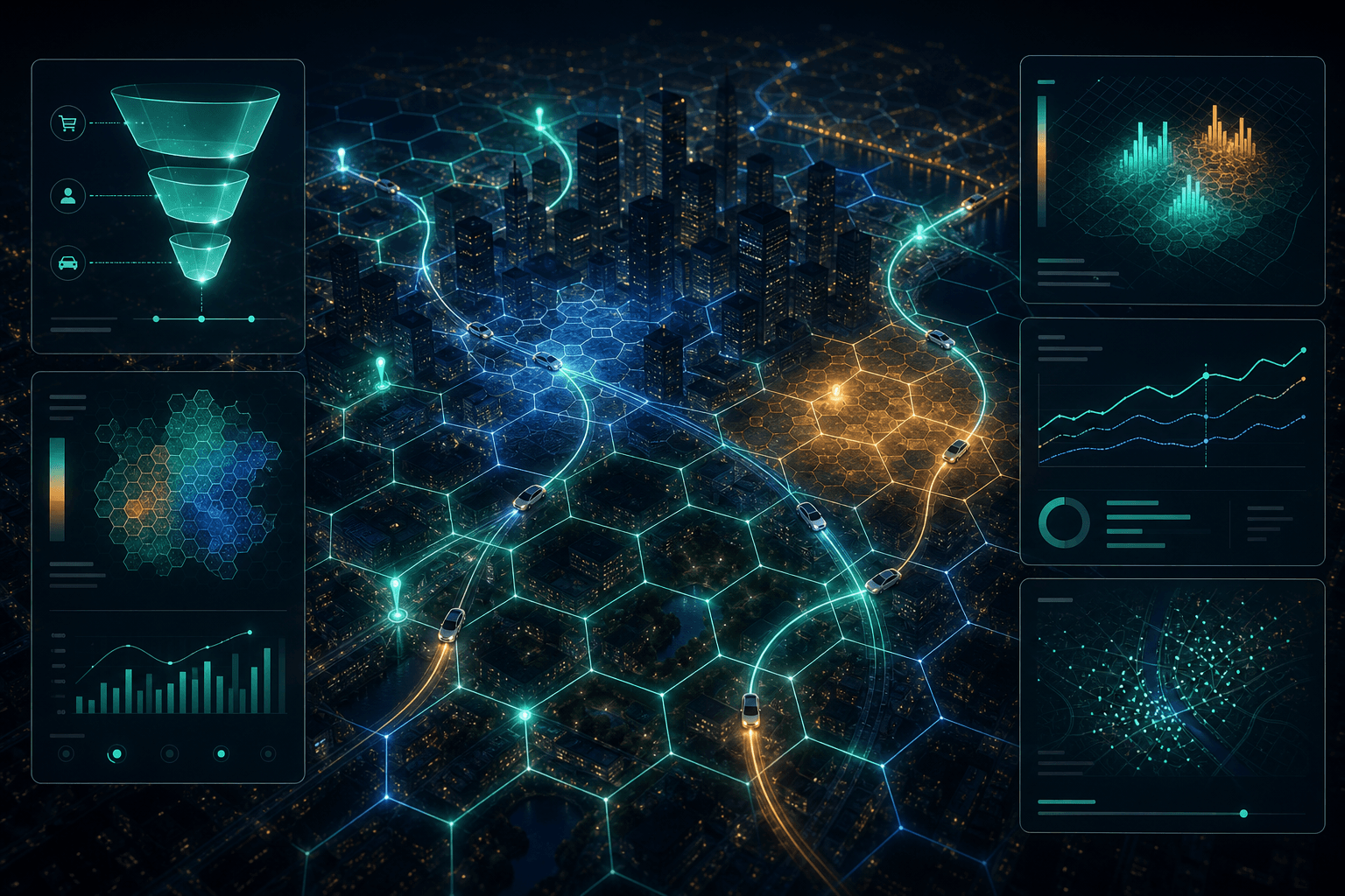 Aerial view of a city with hexagonal demand mesh and ride-hailing analytics dashboards